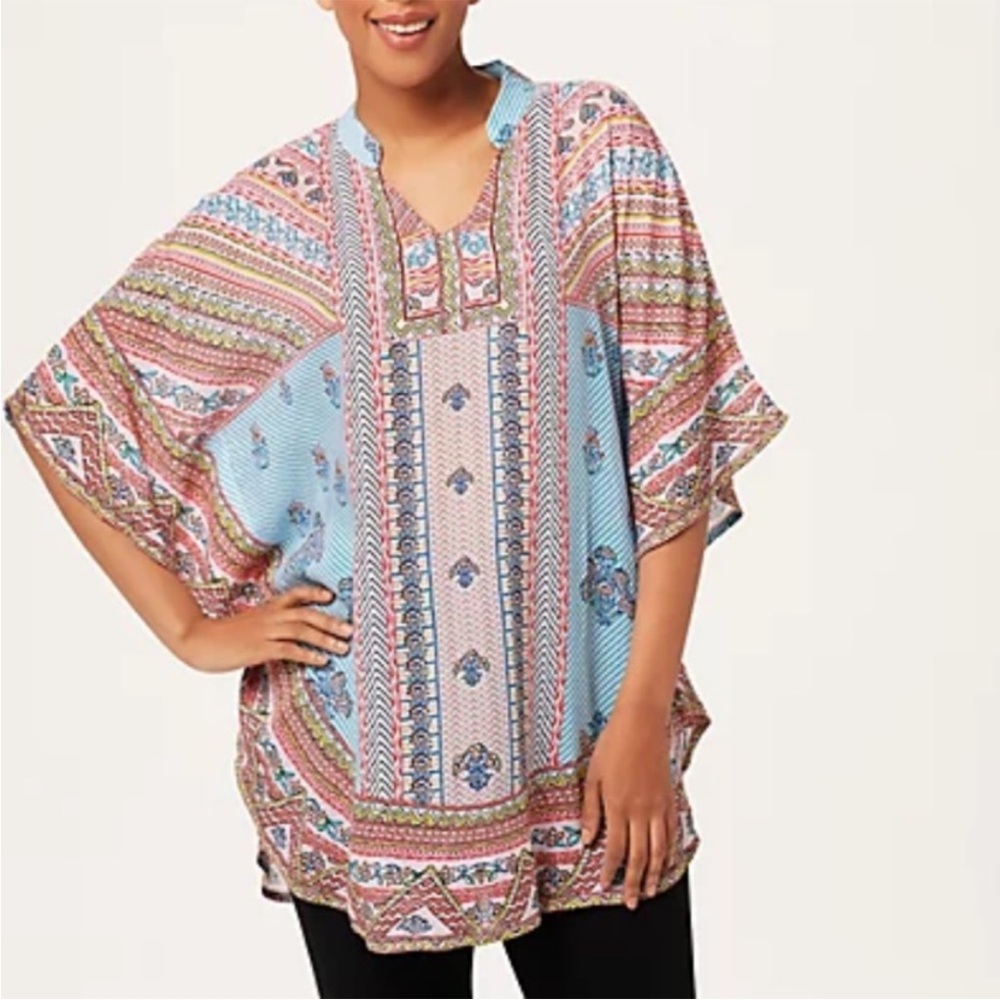 Tolani Collection Boho Caftan Tunic Top Poppy Red & Turquoise Size Medium NWT
